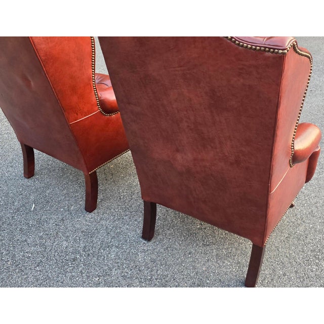 Pair of Classic Leather Furniture Tufted Oxblood Leather Wingback Library Lounge Chairs With Brass Nailhead Trim, Circa 1980s For Sale In Washington DC - Image 6 of 14