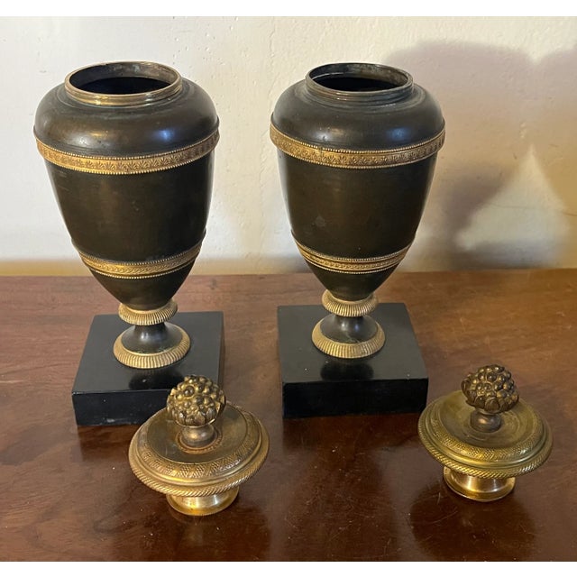 Antique Early 19th Century French Empire Directoire Gilt & Patinated Bronze Urn Form Cassoulettes on Marble Bases Circa 1810 - a Pair For Sale - Image 10 of 12