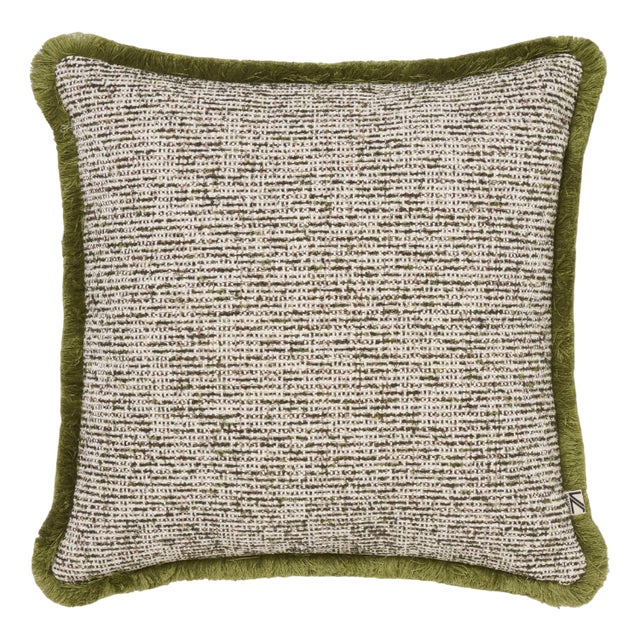 Square Bouclé Cushion with Green Fringe by Villa Como For Sale