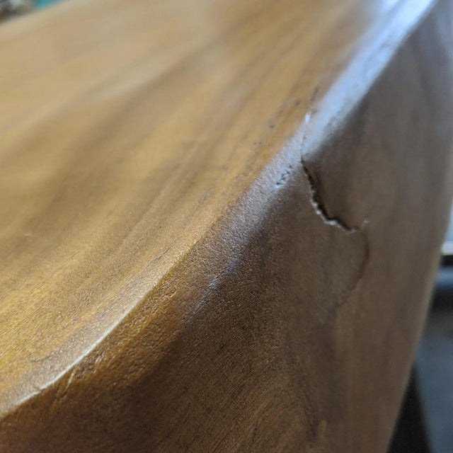 Tan Mid-Century Modern Live Edge Soilid Slab with Chrome Base Monkey Pod Desk For Sale - Image 8 of 9