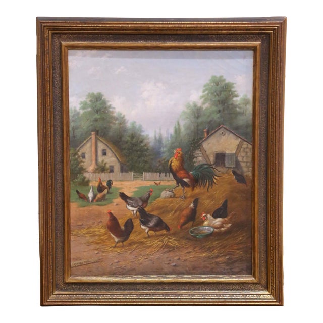 19th Century English Farmyard Oil on Canvas Painting Signed Howard Hill For Sale