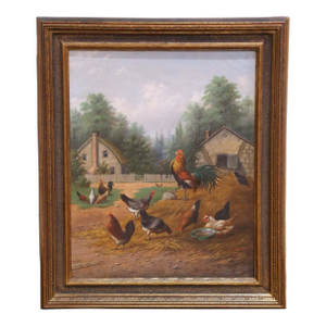 19th Century English Farmyard Oil on Canvas Painting Signed Howard Hill