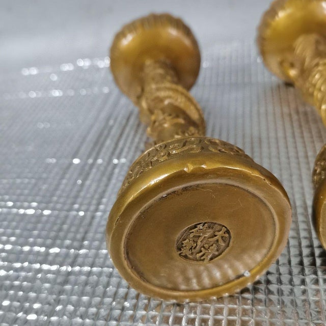 Asian 1970s Brass Dragon & Phoenix Candle Holders, Pair of Lotus Top Candlesticks For Sale - Image 3 of 9