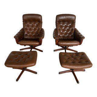 Vintage Swedish Brown Leather Swivel Chairs from Gote Møbler For Sale