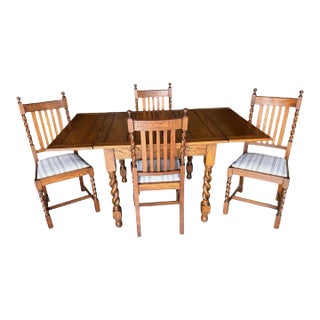 1930s Solid Barley Twist Sought After Six Panel Draw Leaf Table Top Complete With Four Barley Twist Chairs - 5 Piece Set. For Sale