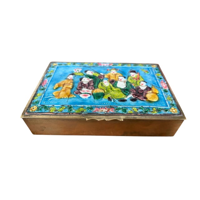 Paint Vintage Chinoiserie Enamel Repousse on Brass Hinged Chinese Box For Sale - Image 7 of 9