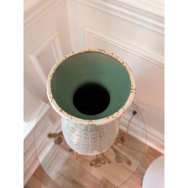 Large Robin’s Egg Blue/White and Brushed Gold Distressed Ceramic Vase | Textured Floor Vase For Sale In Charleston - Image 6 of 9