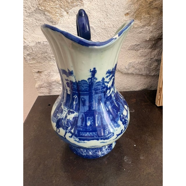 English Mid 20th Century Victoria Ware Ironstone Pitcher, Flow Blue Continental Landscape Scene For Sale - Image 3 of 8