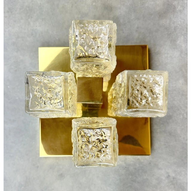 Beautiful mid - Century design. 1970s wall or ceiling lamp made by German Hillebrand. Brass base with 4 glass shades....