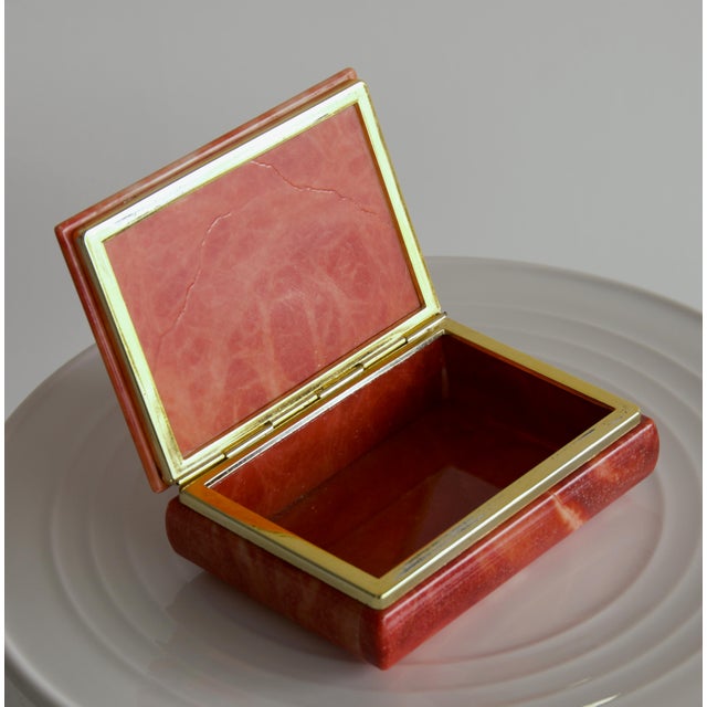 Red Hand Painted Italian Carved Alabaster Box With Brass Trim, Mid Century For Sale - Image 8 of 8