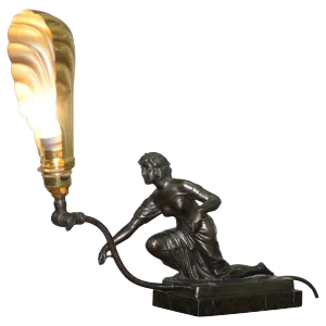 Art Deco Marble & Bronze Statue Table Lamp