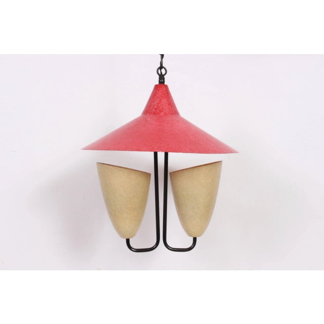 Black enameled Hanging Pendant with Three Fiberglass Shades, 1950's in the manner of Kurt Versen with Greta Grossman...