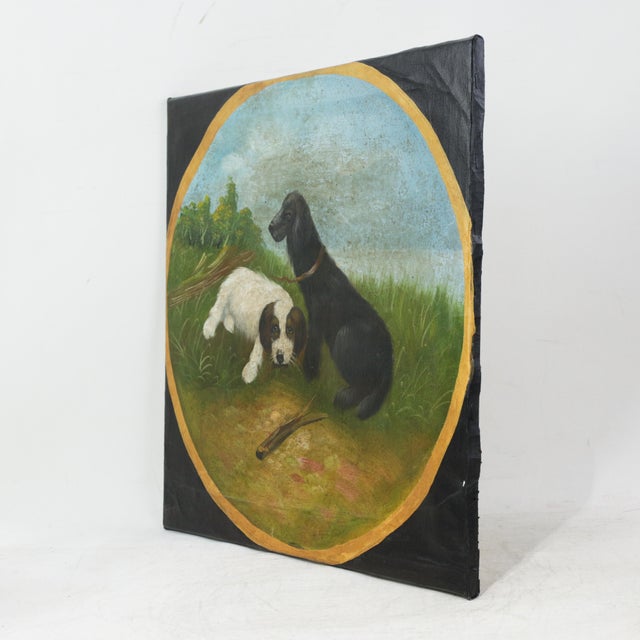 Vintage Hand Painted Folk Art Pet Portrait Circular Oil Painting on Canvas With Black and White Dogs in Landscape For Sale In New York - Image 6 of 8