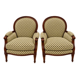 Pair of Louis XVI-Style Walnut Armchairs in Green For Sale