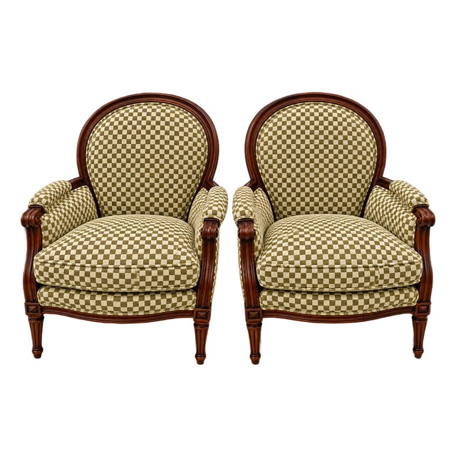 Pair of Louis XVI-Style Walnut Armchairs in Green For Sale