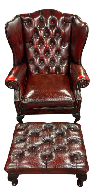 English Chesterfield Wingback Chair with Ottoman, Set of 2
