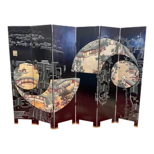 Chinese Chinoiserie Black Lacquered and Gold Coromandel 6 Panel Folding Screen Room Divider