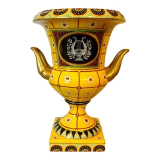 Vintage Lyre Musical Motif Porcelain & Enamel Handled Urn Vase in Yellow For Sale