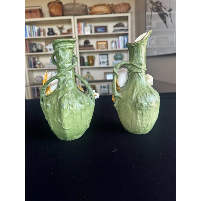 Art Nouveau Art Nouveau Jugendstil Porcelain Ewer Vase Pair, Green Glaze With Applied Flowers, C. 1900 For Sale - Image 3 of 9