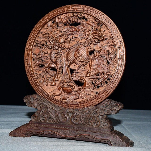 Antique Miniature Round Wooden Screen, Pierced Carving of Mythical Beast For Sale In Los Angeles - Image 6 of 8