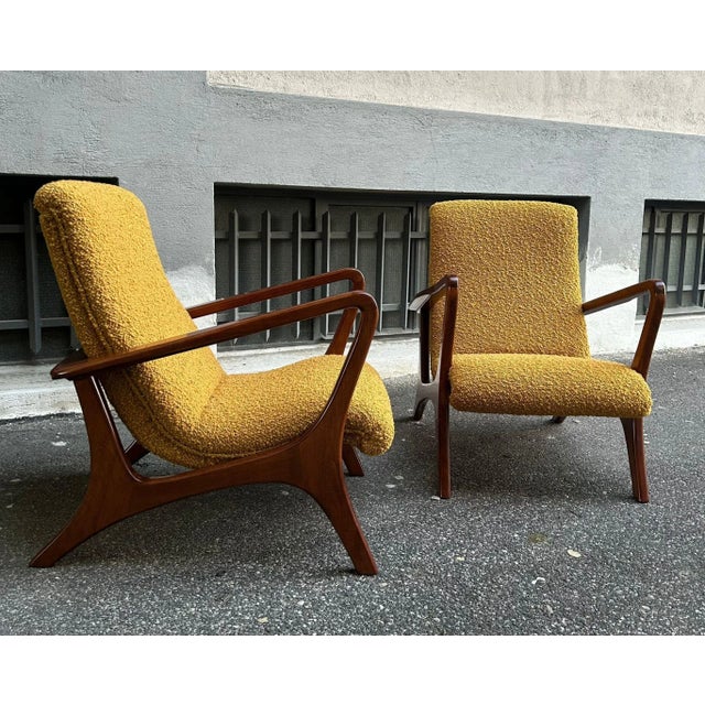 Mid-Century Modern Set of Lounge Chairs with Dark Wood Frame and Yellow Bouclé Fabric, 2000s For Sale - Image 3 of 7