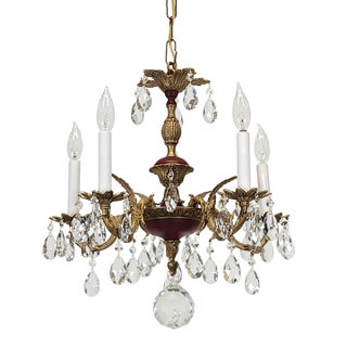 Antique 5 Arm Petite Oxblood Empire Brass Cut Lead Glass Crystal Chandelier For Sale