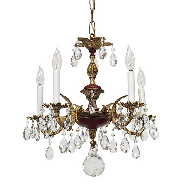 Antique 5 Arm Petite Oxblood Empire Brass Cut Lead Glass Crystal Chandelier For Sale