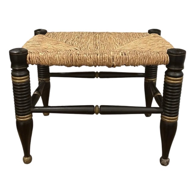 Antique Ebonized Hitchcock Stool / Footsool With Woven Rush Seat, Stenciling, & Spool Legs For Sale