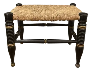 Antique Ebonized Hitchcock Stool / Footsool With Woven Rush Seat, Stenciling, & Spool Legs