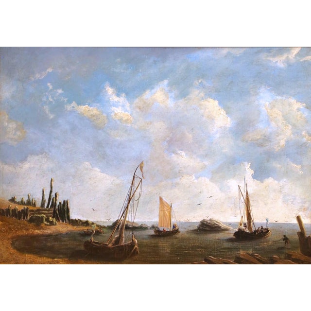 Coastal 19th Century French Coastal Marine Oil Painting of Fishing Boats in Gilt Frame For Sale - Image 3 of 11