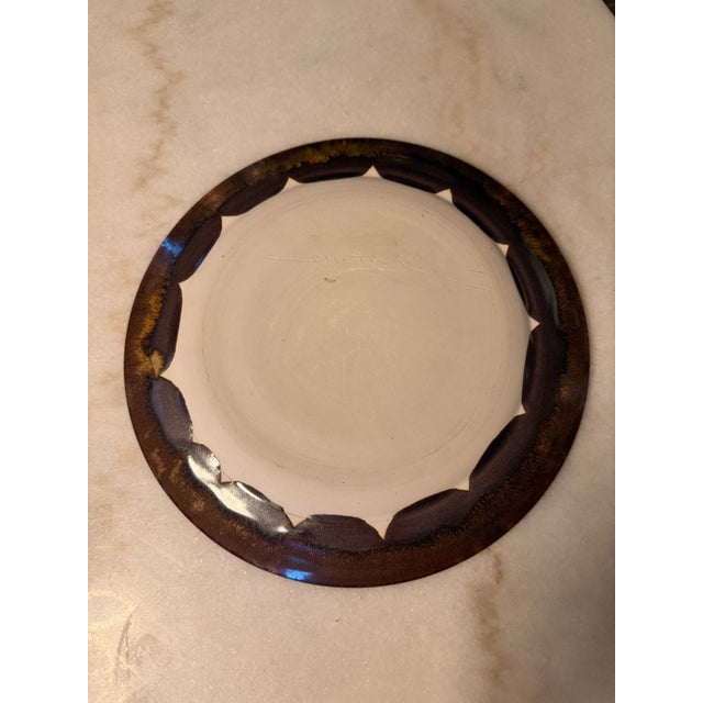1970s Vintage Frères Cloutier French Studio Art Pottery Charger Plate - Mid Century Modern 11" Abstract Lava Woodgrain Glaze, Signed Cloutier C. 1970 For Sale - Image 5 of 6