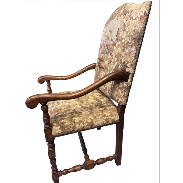 Wood EuroAntique English Manor Style Oak Armchair With Stag Tapestry Upholstery For Sale - Image 7 of 9