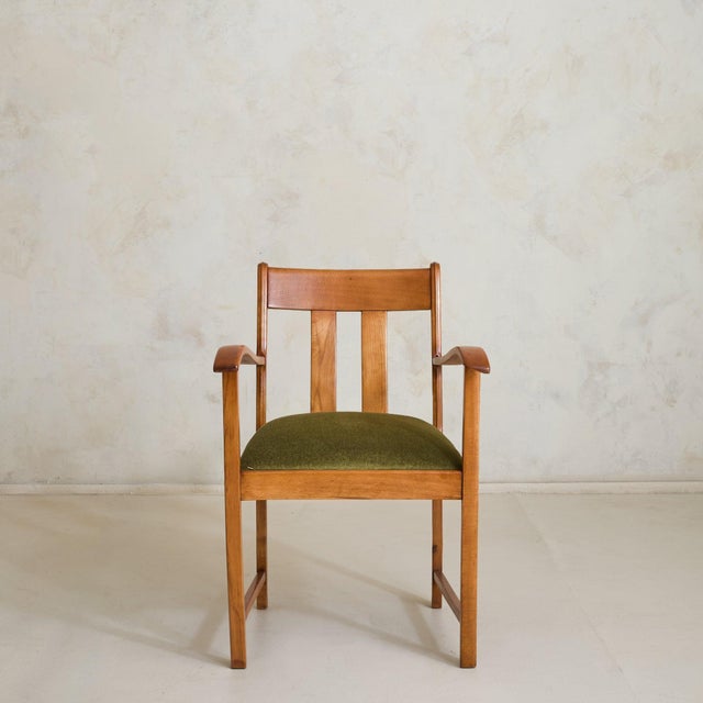 French Oak Armchair with Olive Green Velvet Upholstery, 1950s - 2 Available For Sale In Chicago - Image 6 of 11
