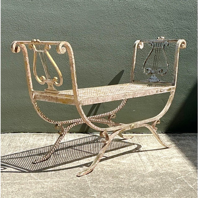 French Provincial Vintage Neoclassical Wrought Iron Lyre Bench For Sale - Image 3 of 12