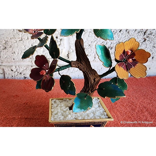 1990s Vintage Chinese Cloisonné Guilloche Enamel Bonsai Tree in Decorative Brass Pot For Sale - Image 5 of 9