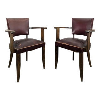 Bridge Chairs in Oak and Burgundy Imitation Leather, 1940s, Set of 2 For Sale