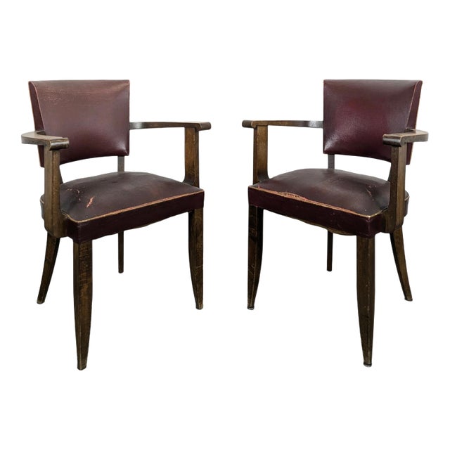 Bridge Chairs in Oak and Burgundy Imitation Leather, 1940s, Set of 2 For Sale