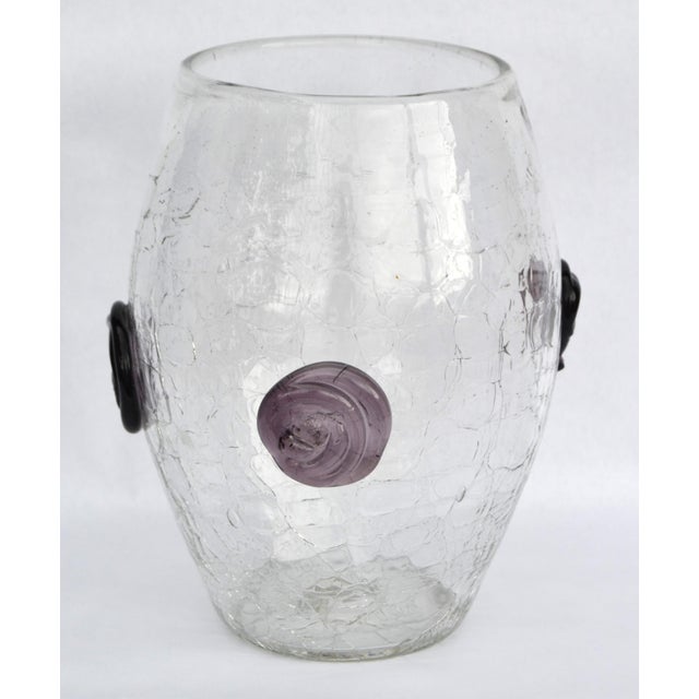 1960s Large Blenko Crackle Art Glass Vase Textured Clear Surface Purple Flowers For Sale - Image 18 of 18