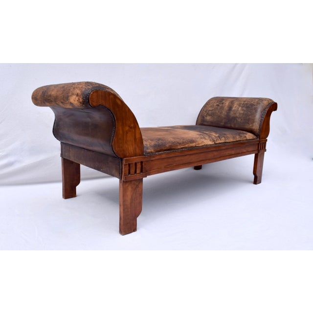 Vintage Leather Roll Arm Bench, Carved Oak Frame, Mission Style, Usa For Sale - Image 9 of 12