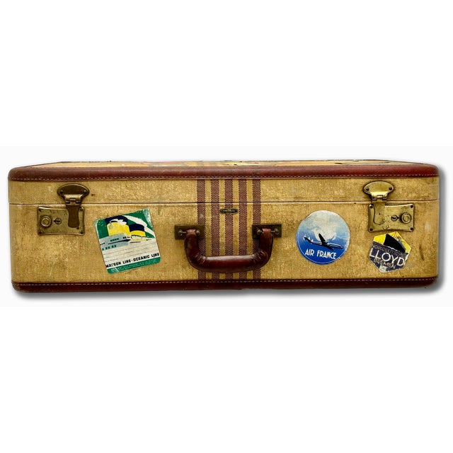 Vintage 1940s Travel Size Tweed Suitcase With Nice Assortment of World Grand Tour Locations Paper Labels For Sale - Image 9 of 18