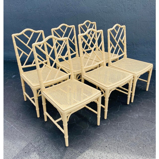 Vintage Chippendale Faux Bamboo Wood and Caned Dining Chairs - Set of 6 For Sale In Miami - Image 6 of 9