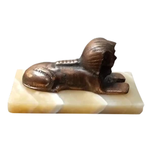 1970s Copper Craft Sphinx Lion on Marble Pedestal