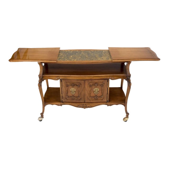 Expandable Serving 3 Tier Carved Cart Table on Wheels Double Doors Compartment For Sale