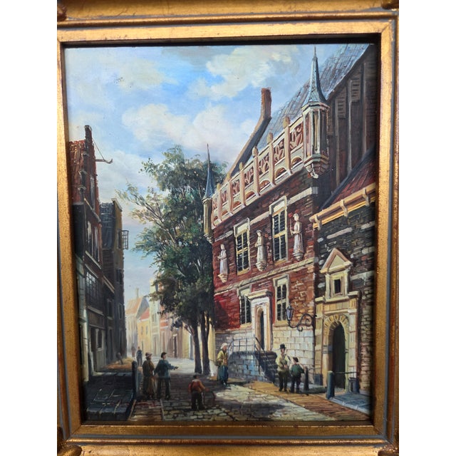 Late 20th Century P. Larson Realism European Cityscape Oil Painting on Board For Sale - Image 4 of 10