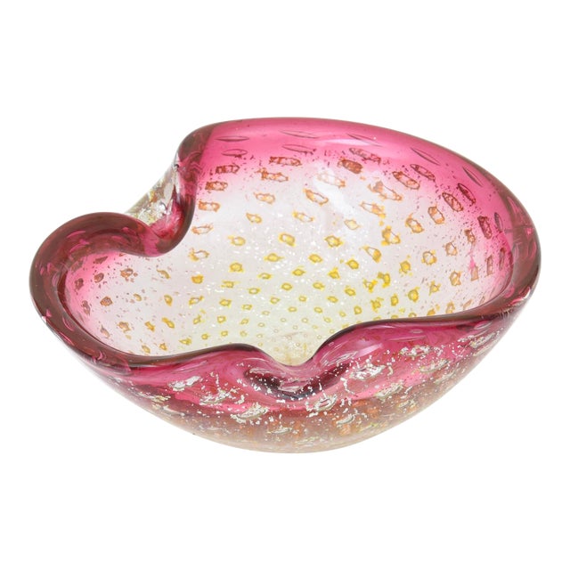 Vintage Murano Pink Glass Bowl With Silver and Gold Foil, 1960's, Italy For Sale
