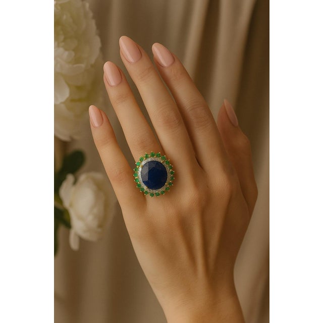 Bochic “Orient” Vintage Diamond, Blue Sapphire & Emerald Ring Set In 18K Gold & For Sale - Image 18 of 18