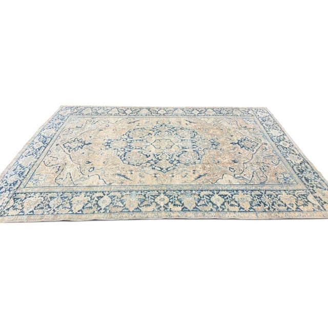 Traditional Antique Heriz Rug 8x11 | Light Beige & Blue Floral Medallion For Sale - Image 3 of 5