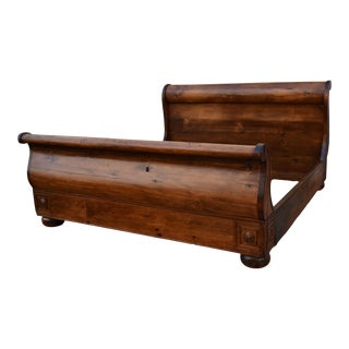 Vintage Carved Euro Pine Empire Style Distressed King Size Sleigh Bed For Sale