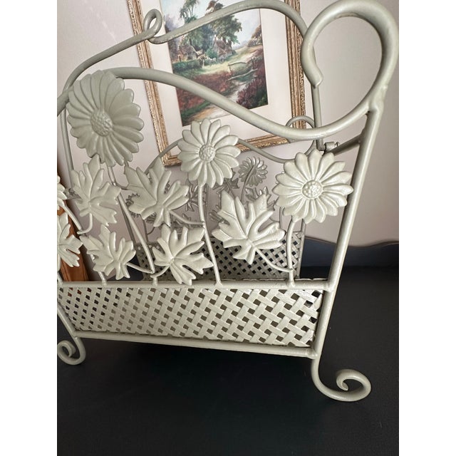 Vintage Late 20th Century Wrought Iron Floral Magazine Rack With Daisy & Leaf Metalwork- Cottage Shabby Chic Décor For Sale - Image 10 of 12