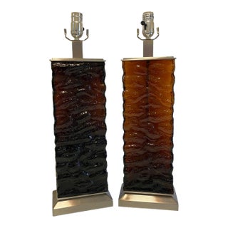 Amber-Brown Textured Wavy Glass Table Lamps in the Mid-Century Modern Taste - A Pair For Sale